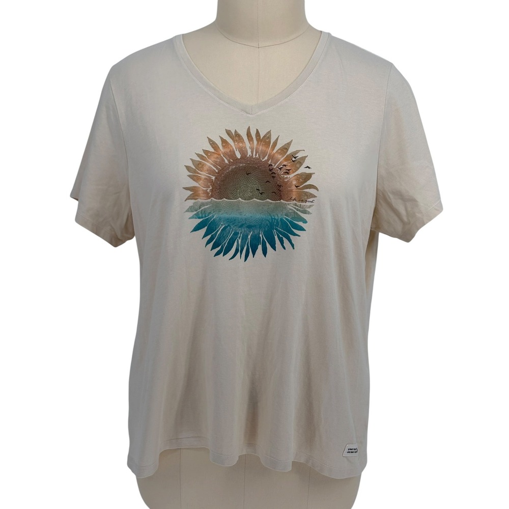 Life is Good Crusher Tee Cream Sunflower Ocean Graphic 100% Cotton XXXL